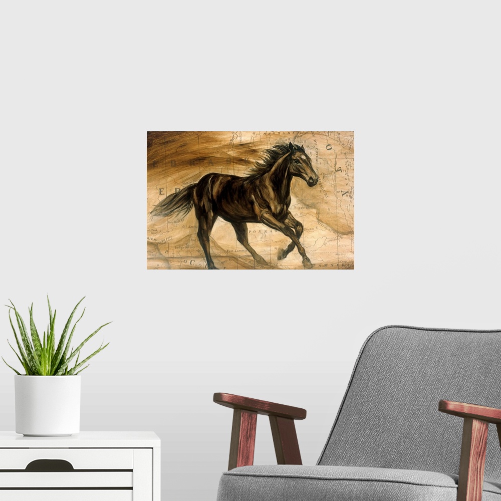 A modern room featuring Image of a galloping horse overlayed on a section of a map.