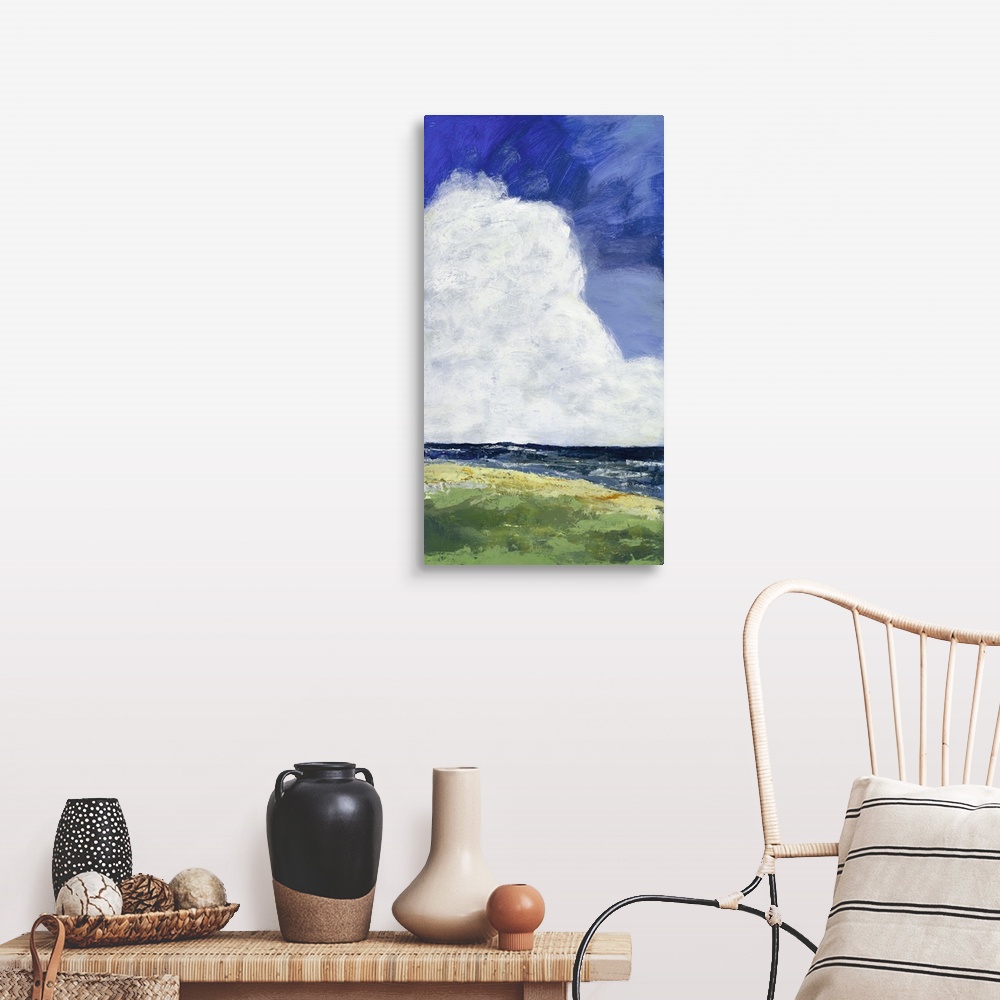 A farmhouse room featuring Contemporary landscape painting of a green field leading to a cliff out to sea with giant clouds ...