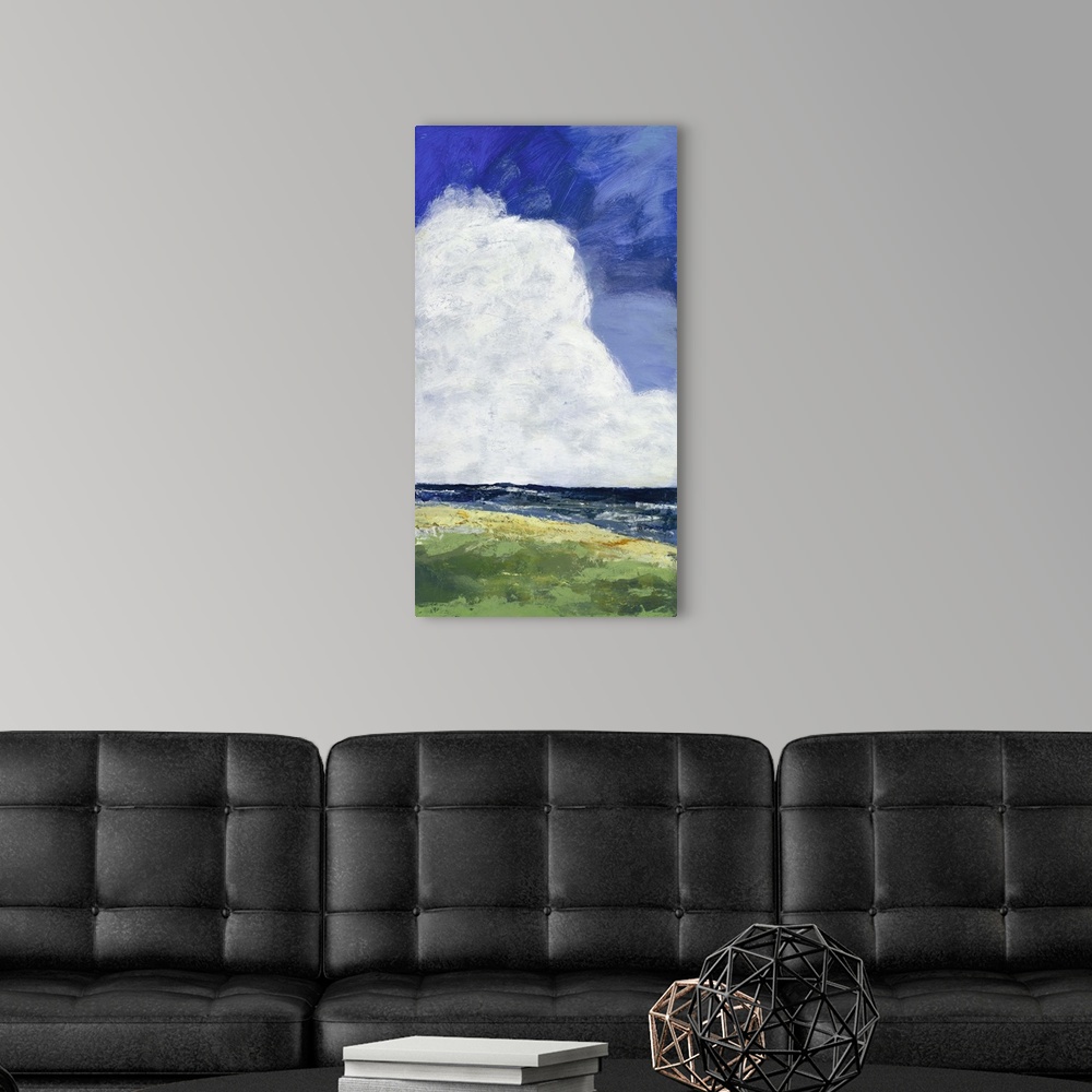 A modern room featuring Contemporary landscape painting of a green field leading to a cliff out to sea with giant clouds ...