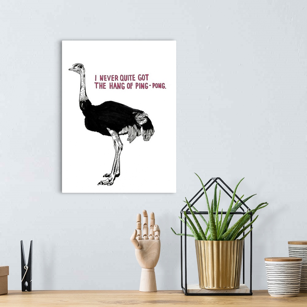A bohemian room featuring Black and white illustration of an ostrich with the phrase " I Never Quite Got the Hang of Ping-P...