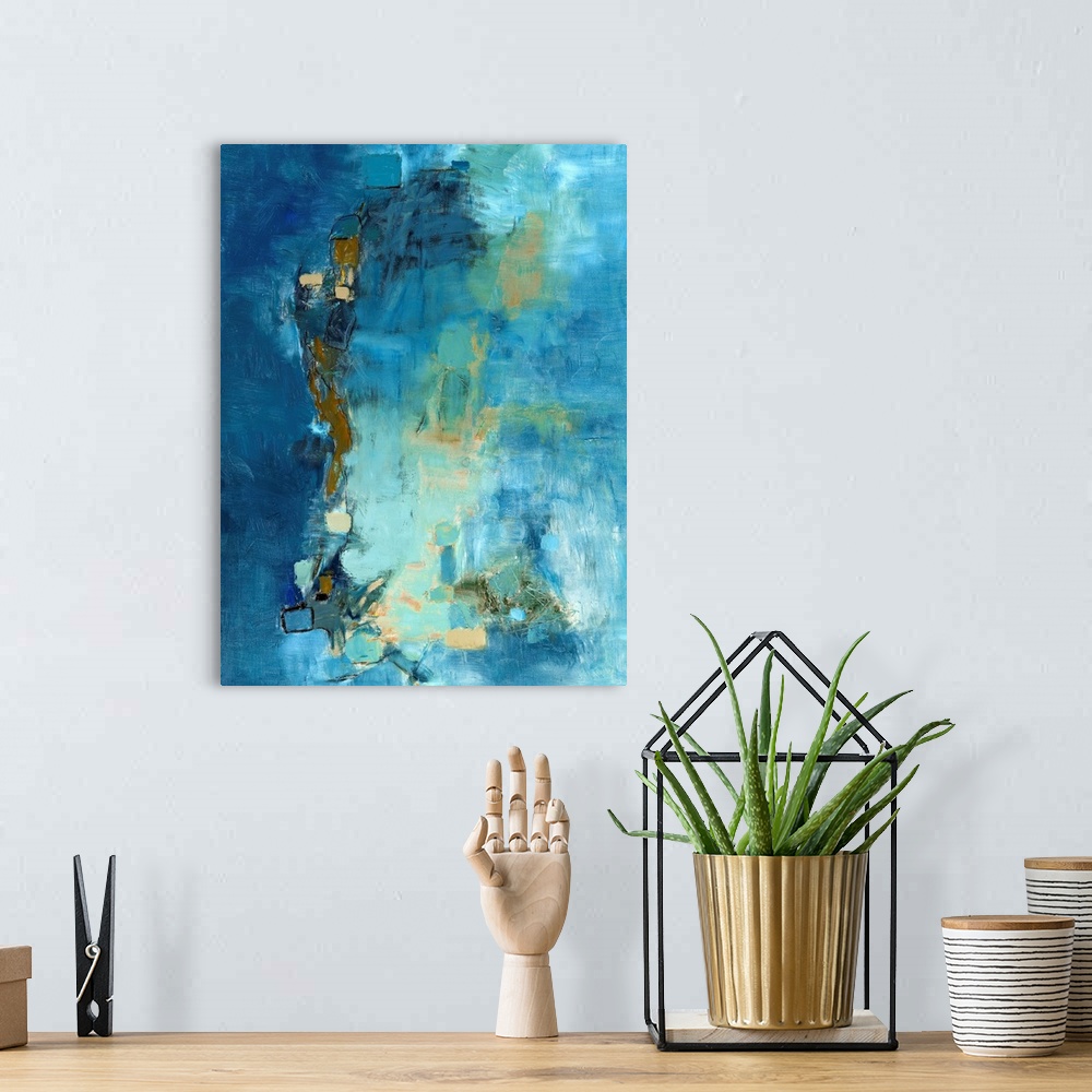 A bohemian room featuring Large abstract painting in blue, beige, and green hues.