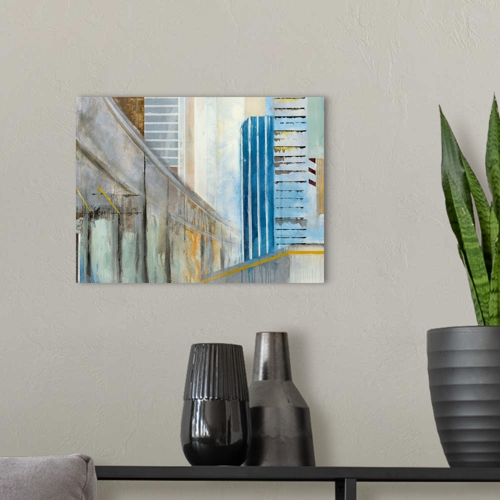 A modern room featuring Abstract painting of a winding overpass going through a cityscape.