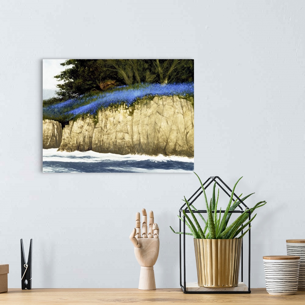 A bohemian room featuring Contemporary painting of a rocky seaside cliff full of blue wildflowers and lush green trees.
