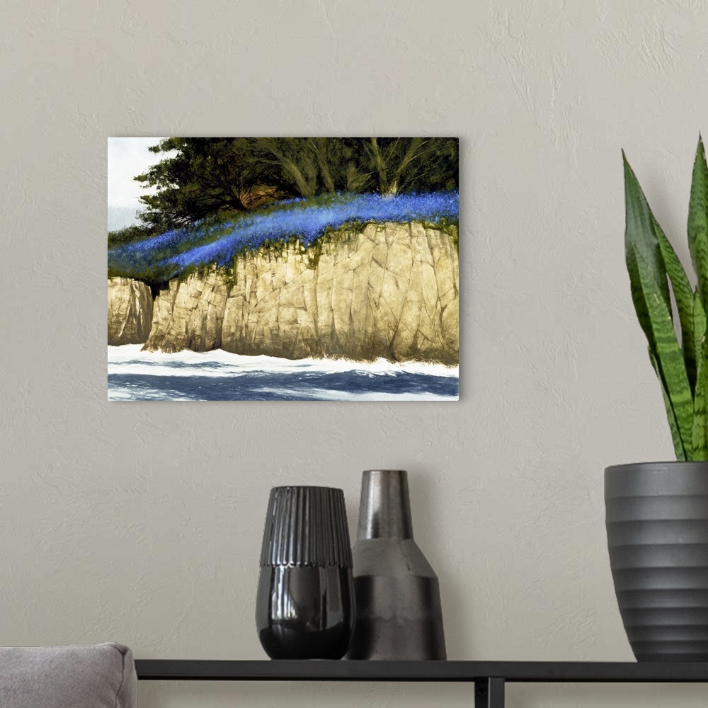A modern room featuring Contemporary painting of a rocky seaside cliff full of blue wildflowers and lush green trees.