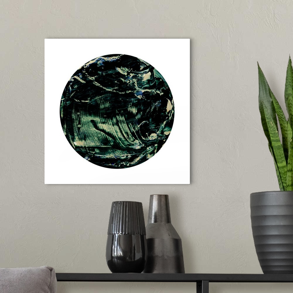 A modern room featuring A contemporary abstract painting using dark green in a circle against a white background.