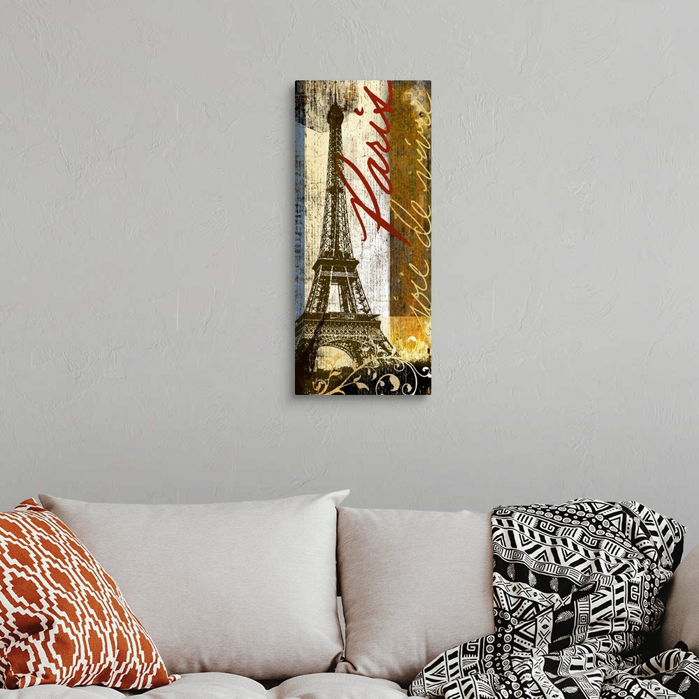 A bohemian room featuring This vertical decorative accent is a rendering of the Eiffel Tower collaged with paper textures, ...