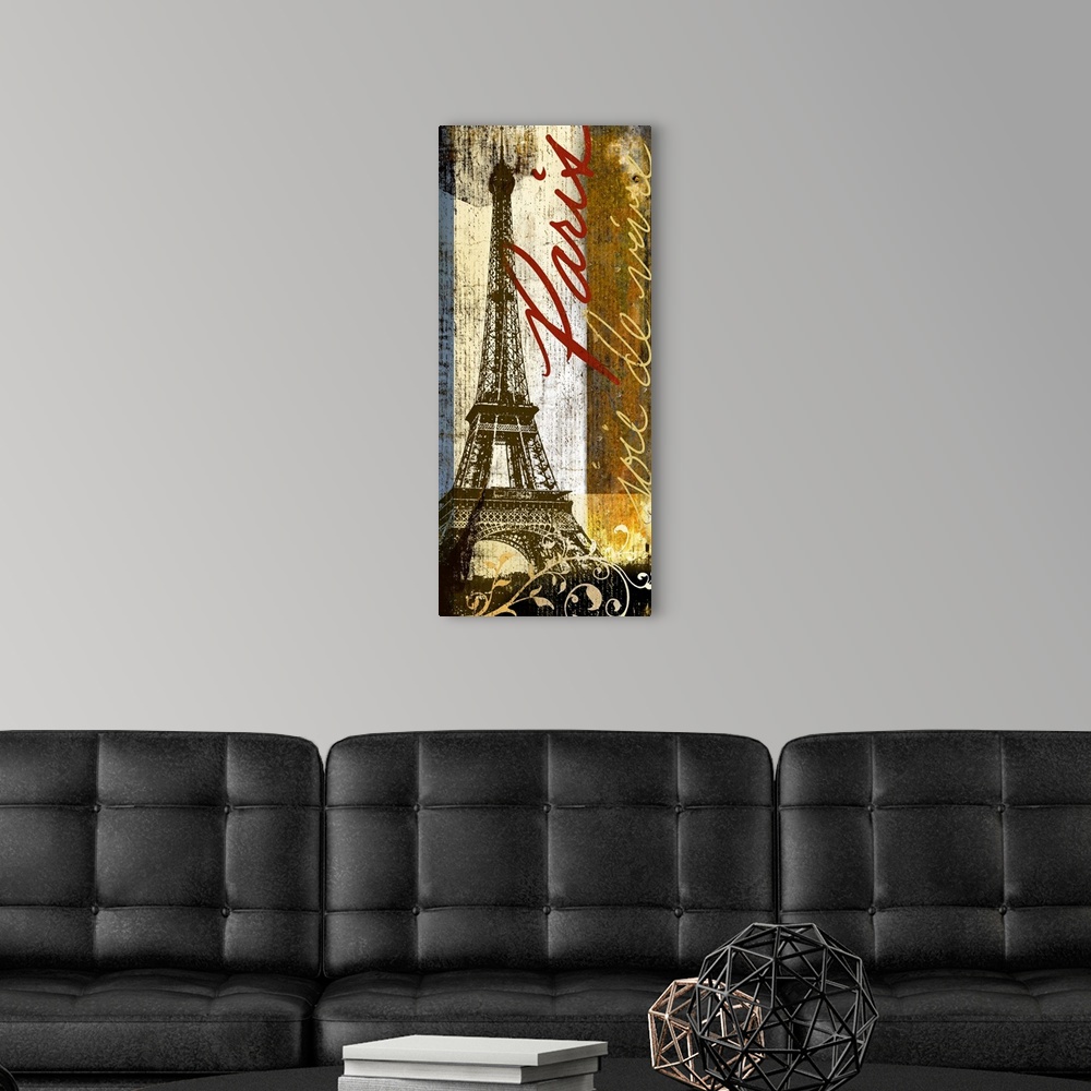 A modern room featuring This vertical decorative accent is a rendering of the Eiffel Tower collaged with paper textures, ...