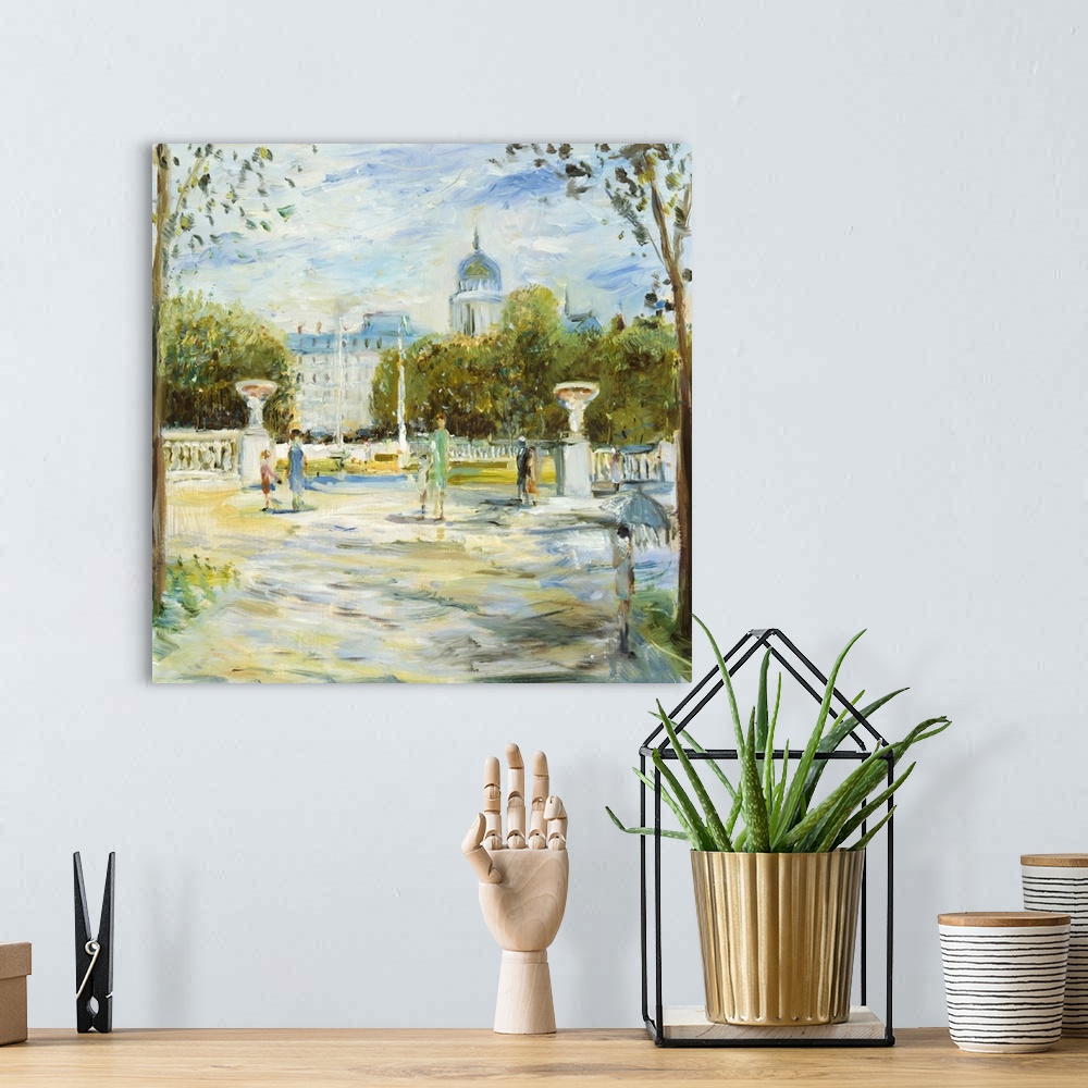 A bohemian room featuring A contemporary painting of a sunny day in Paris.