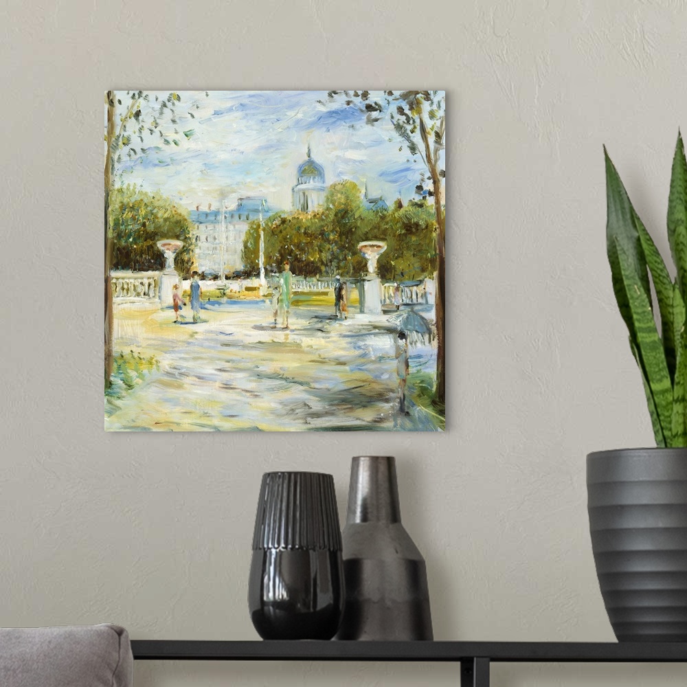 A modern room featuring A contemporary painting of a sunny day in Paris.