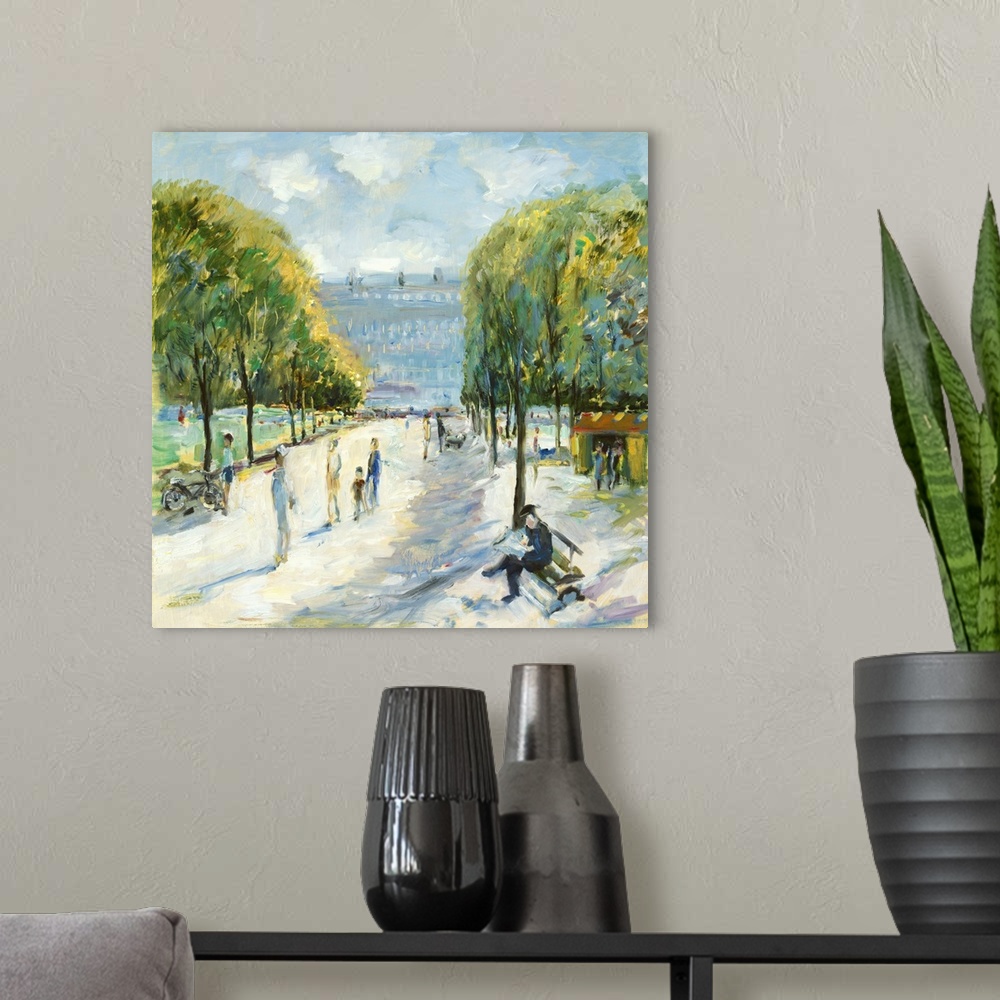 A modern room featuring A contemporary painting of a sunny day in Paris.