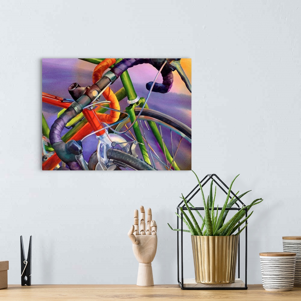 A bohemian room featuring Contemporary up-close painting of two bicycle handle bars and front tires.