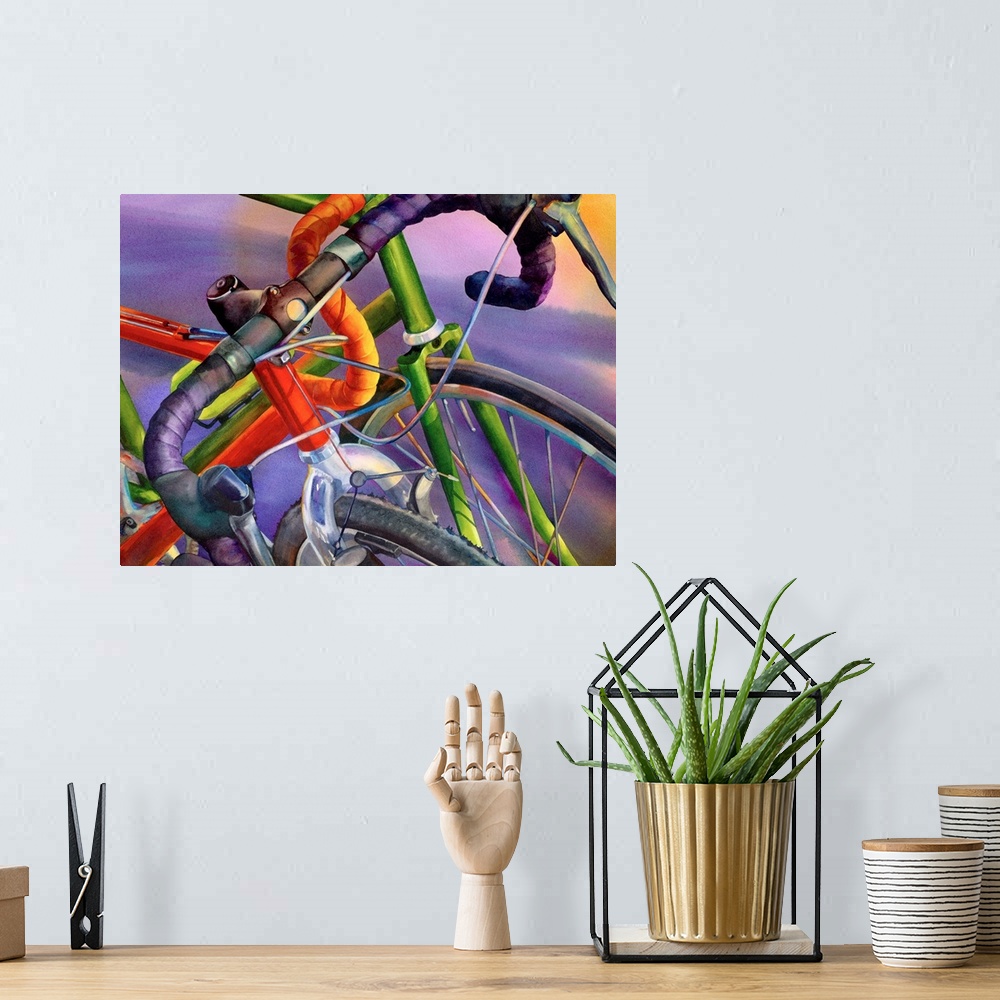 A bohemian room featuring Contemporary up-close painting of two bicycle handle bars and front tires.