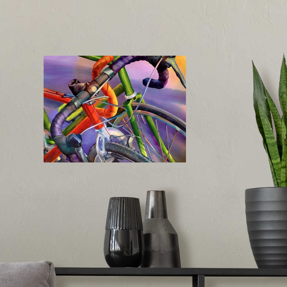 A modern room featuring Contemporary up-close painting of two bicycle handle bars and front tires.