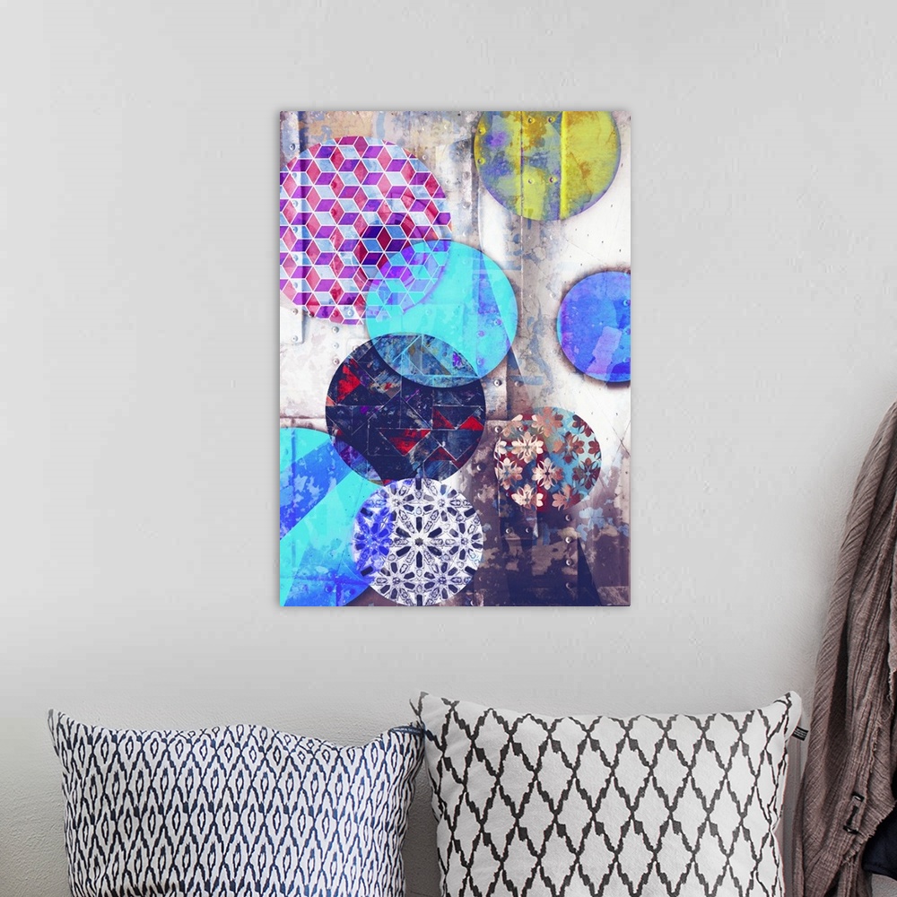 A bohemian room featuring Abstract graphic illustration using geometric shapes and patterns.