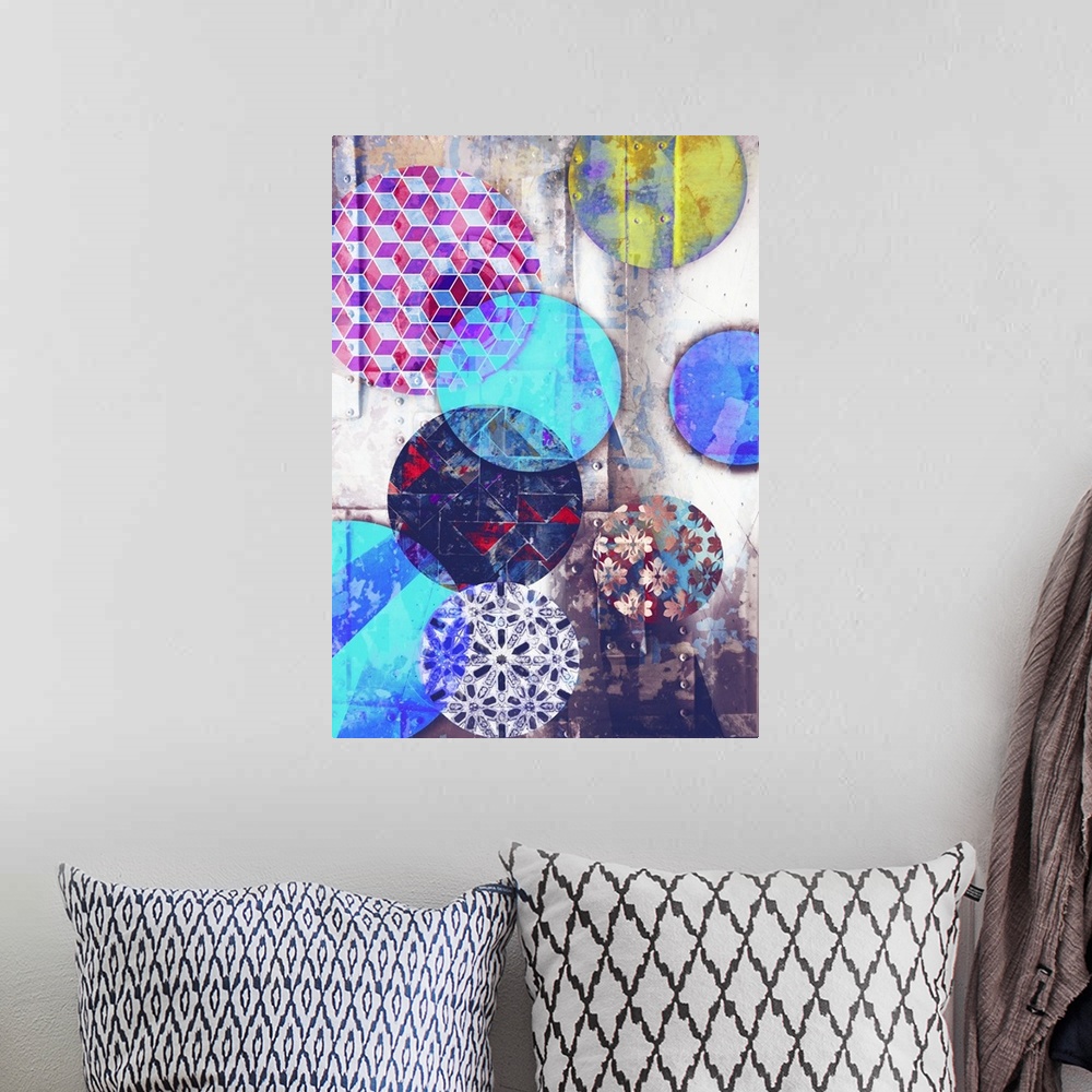 A bohemian room featuring Abstract graphic illustration using geometric shapes and patterns.