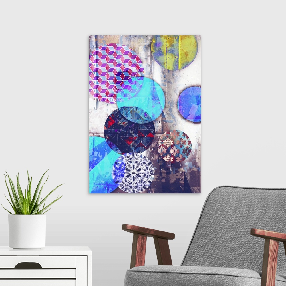 A modern room featuring Abstract graphic illustration using geometric shapes and patterns.