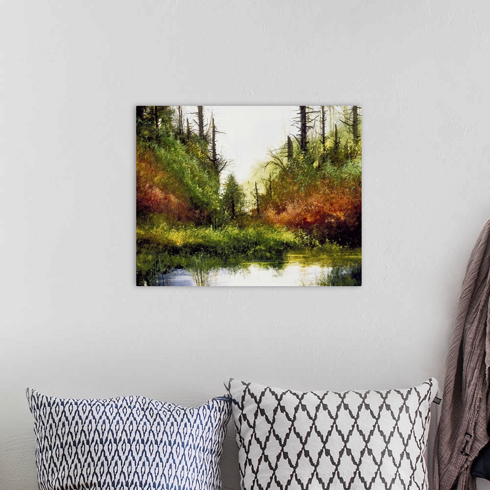 A bohemian room featuring Contemporary painting of a pine tree forest with a small pond in the foreground.