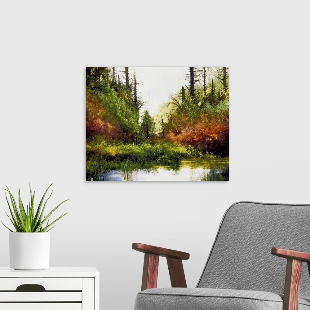 A modern room featuring Contemporary painting of a pine tree forest with a small pond in the foreground.