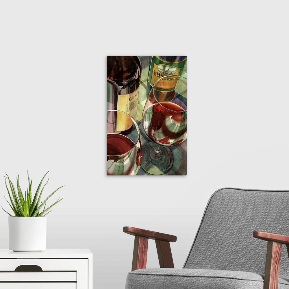 A modern room featuring Contemporary painting of wine bottles and wine glasses, filled with red wine.