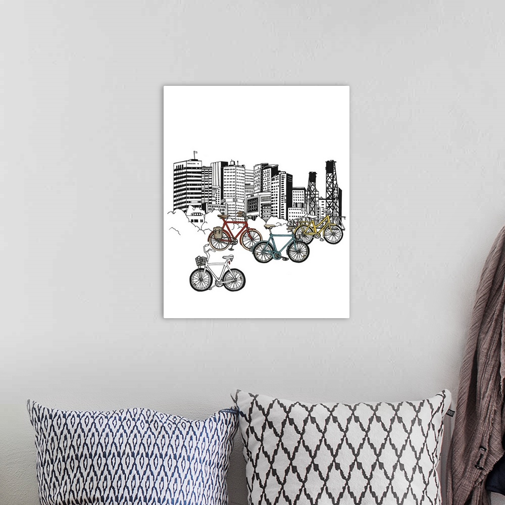 A bohemian room featuring Black and white watercolor painting of the Portland, OR skyline with colorful bicycles in the for...