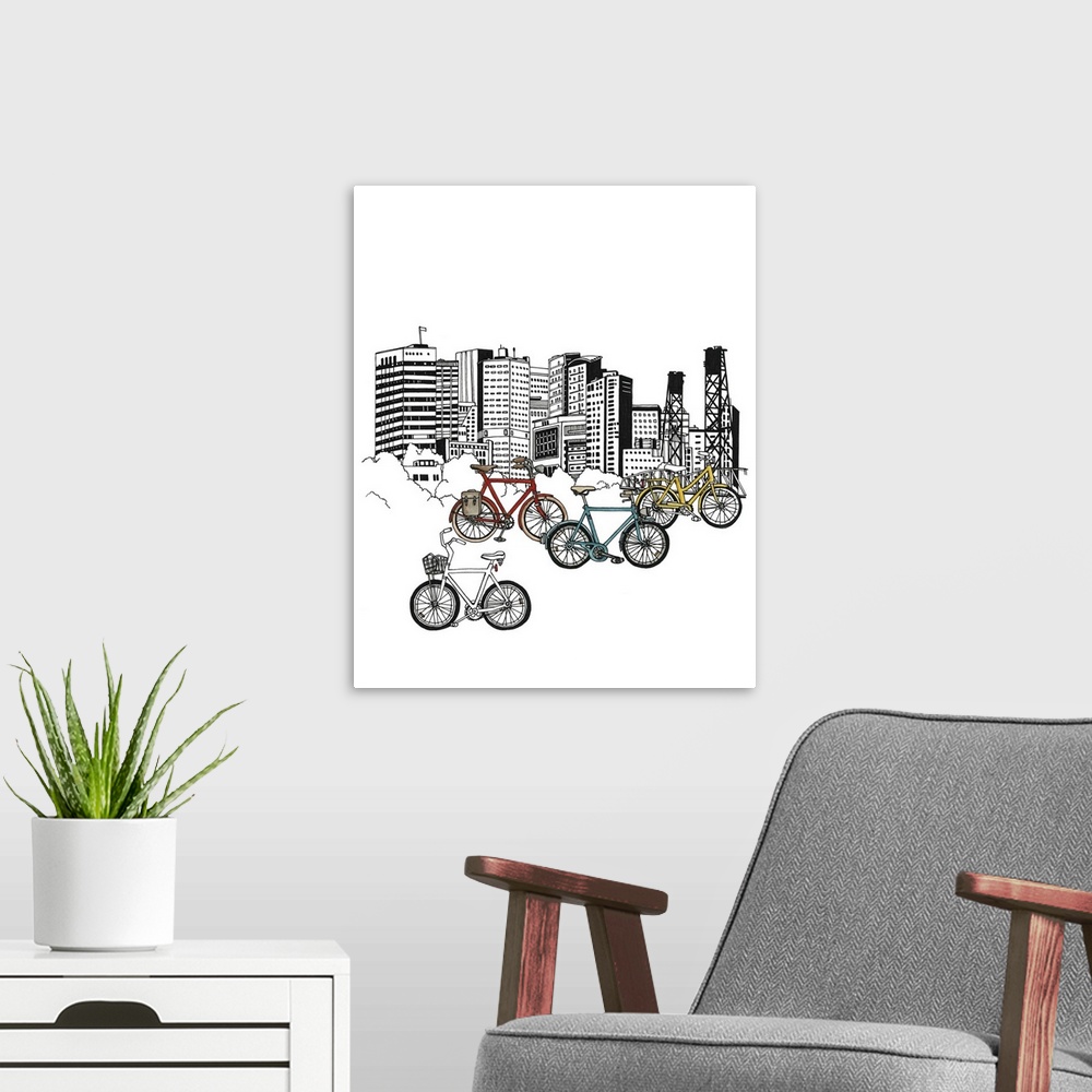A modern room featuring Black and white watercolor painting of the Portland, OR skyline with colorful bicycles in the for...