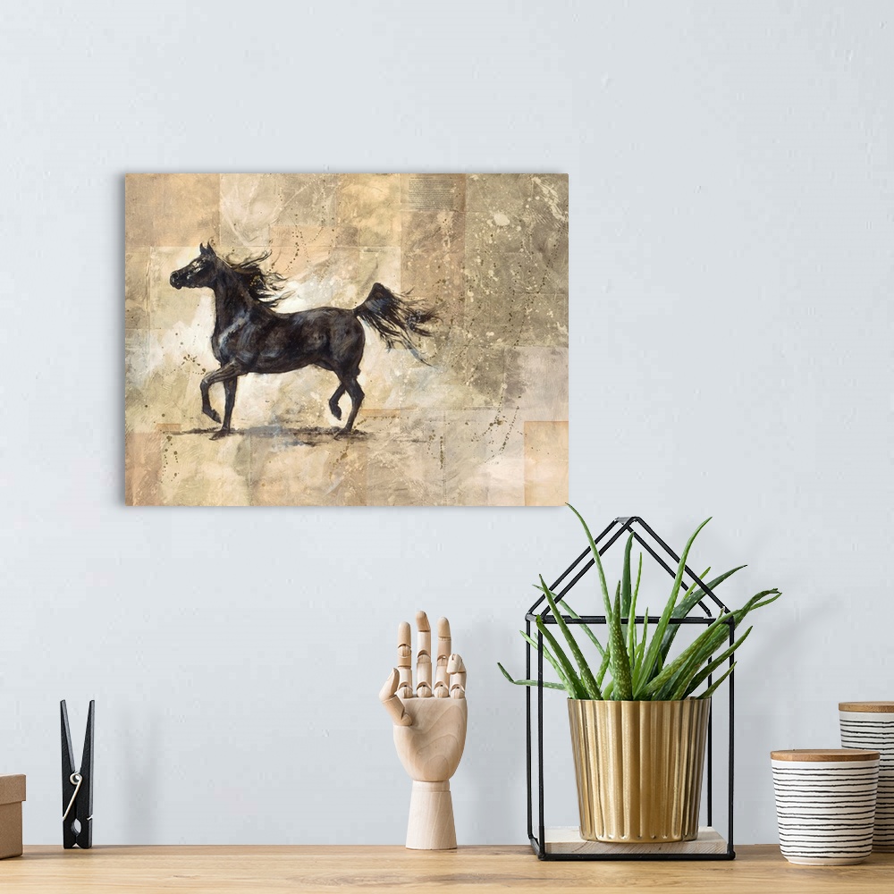 A bohemian room featuring Contemporary artwork of a black stallion prancing with a neutral background that has blocks of di...
