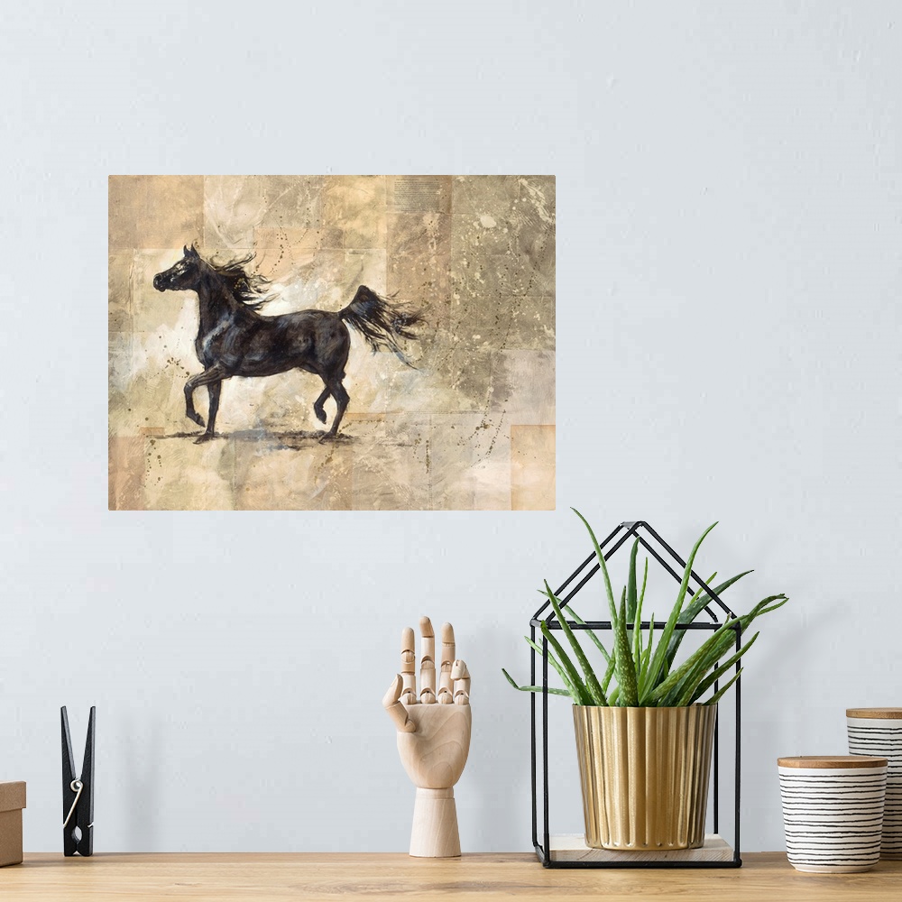 A bohemian room featuring Contemporary artwork of a black stallion prancing with a neutral background that has blocks of di...