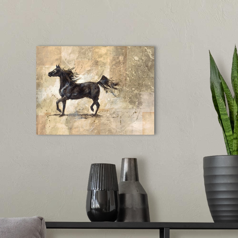 A modern room featuring Contemporary artwork of a black stallion prancing with a neutral background that has blocks of di...