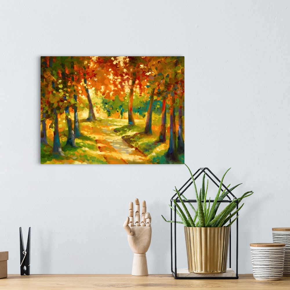 A bohemian room featuring Contemporary abstract painting of a colorful landscape of a path in the woods lined by Autumn trees.
