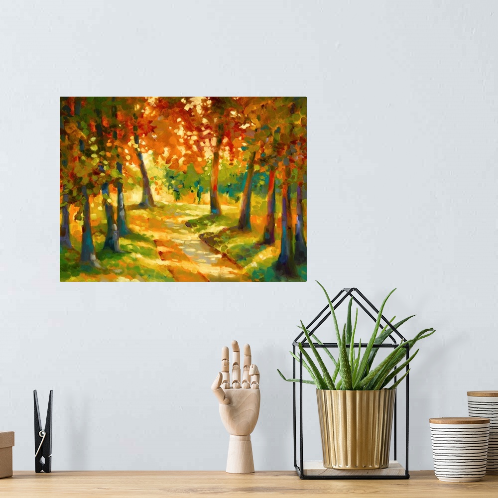 A bohemian room featuring Contemporary abstract painting of a colorful landscape of a path in the woods lined by Autumn trees.