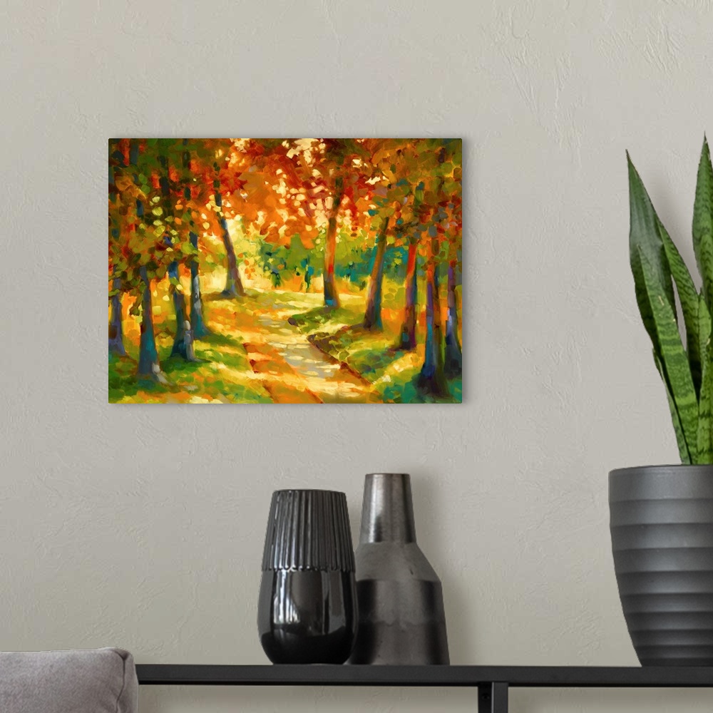 A modern room featuring Contemporary abstract painting of a colorful landscape of a path in the woods lined by Autumn trees.