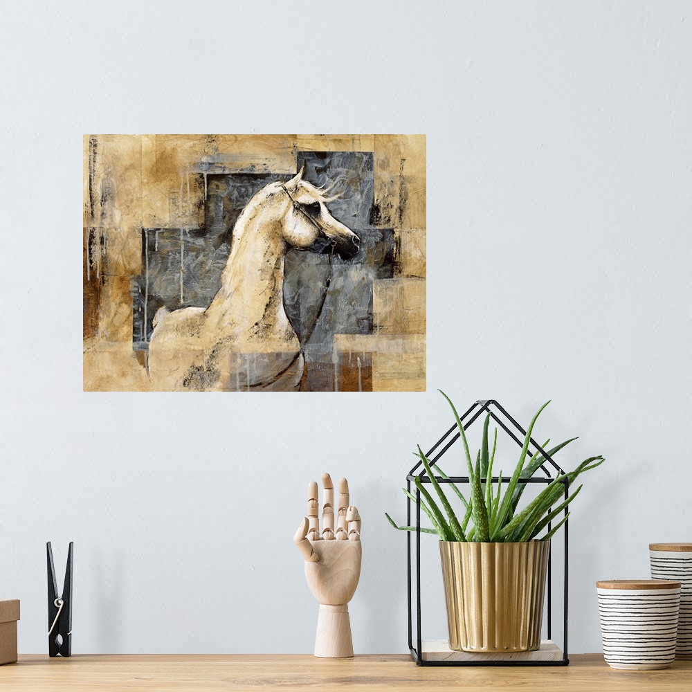A bohemian room featuring Large contemporary art showcases an illustration of a horse.  Surrounding the horse, the artist p...