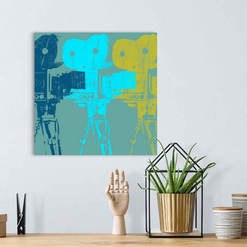 A bohemian room featuring Contemporary painting of three colorful vintage camera silhouettes overlapping each other.