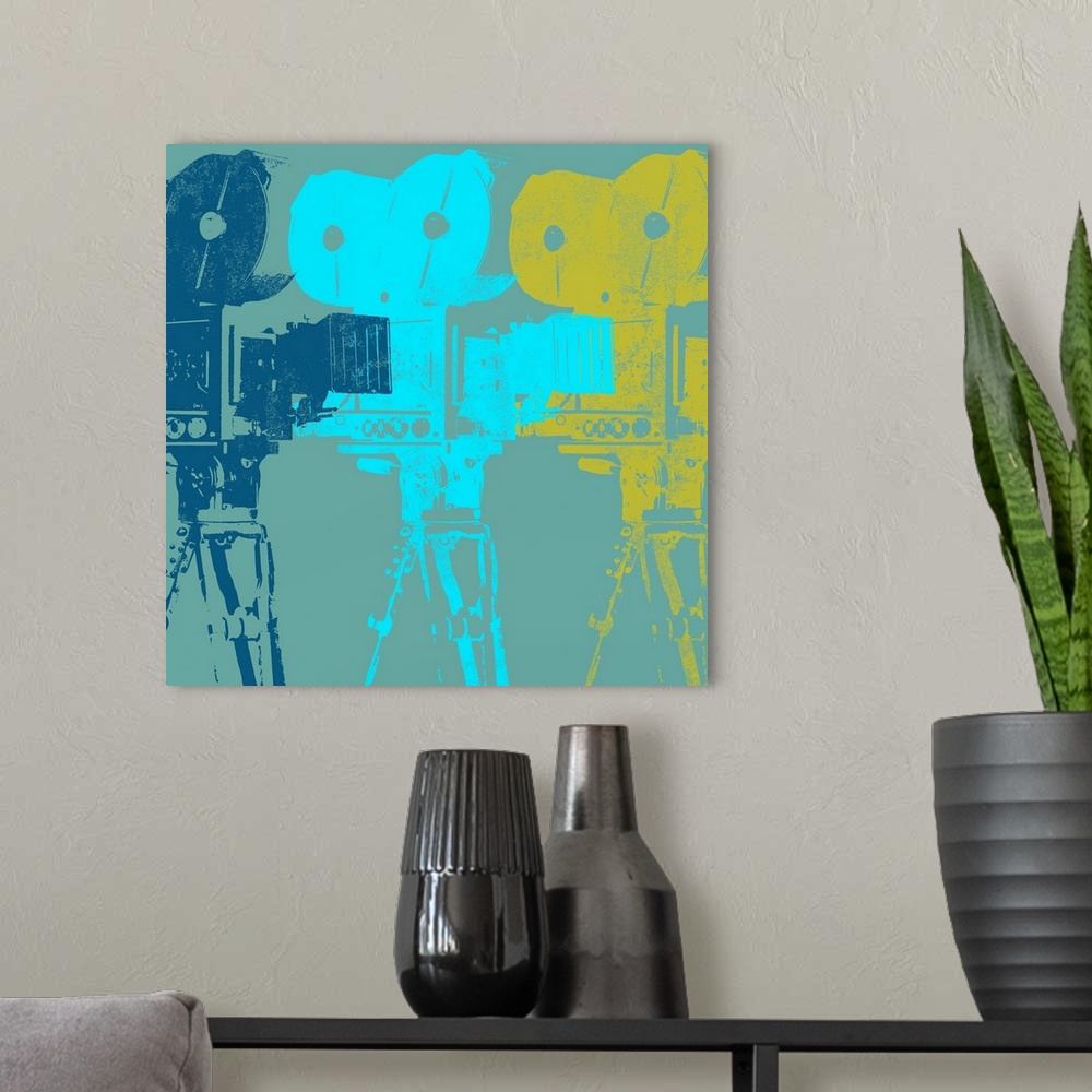 A modern room featuring Contemporary painting of three colorful vintage camera silhouettes overlapping each other.