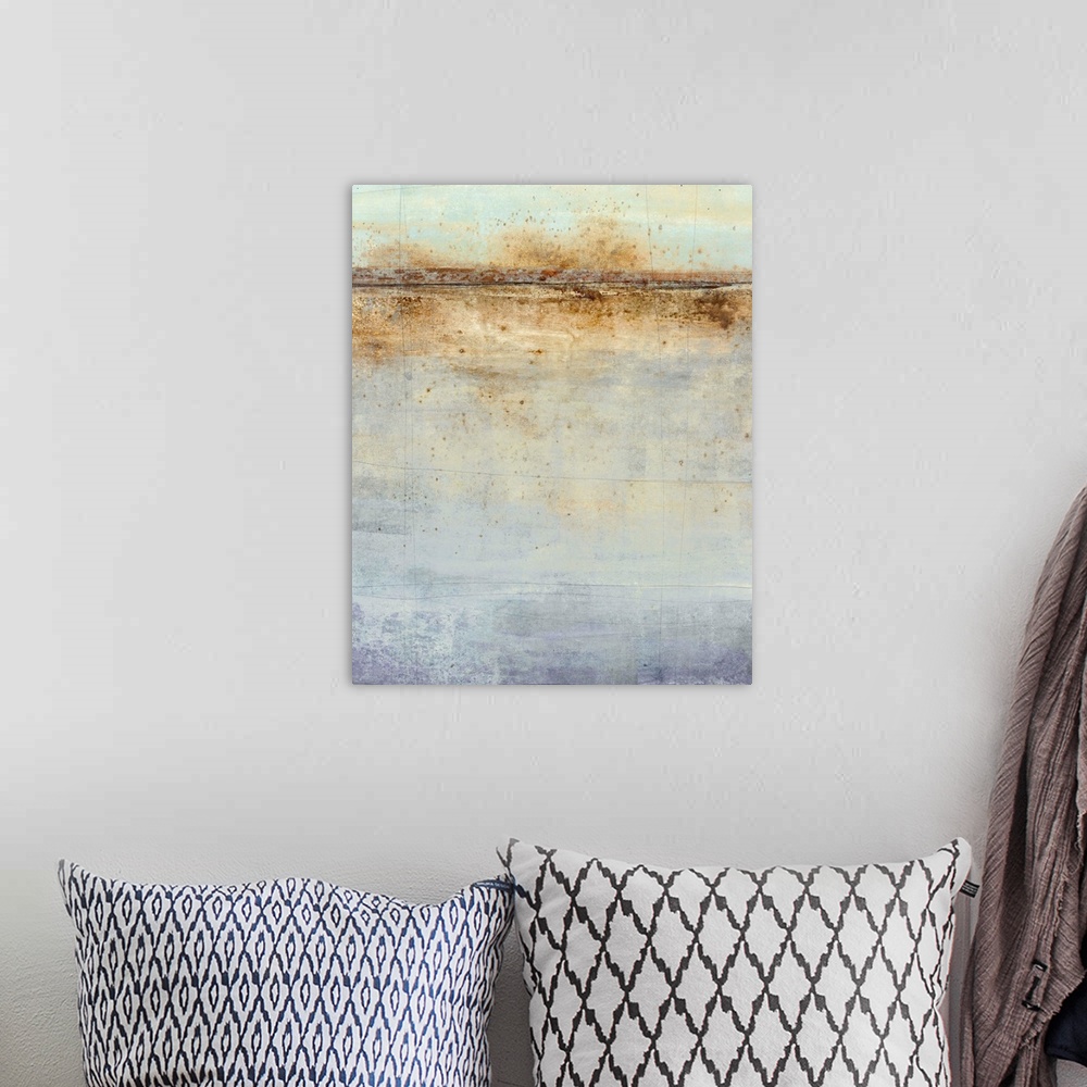 A bohemian room featuring Abstract painting with a horizon line at the top in shades of brown on a background made up of bl...