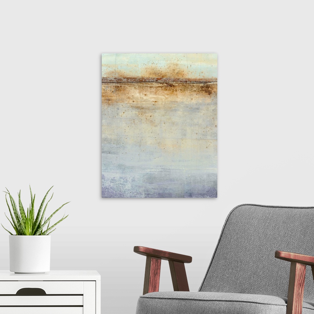 A modern room featuring Abstract painting with a horizon line at the top in shades of brown on a background made up of bl...