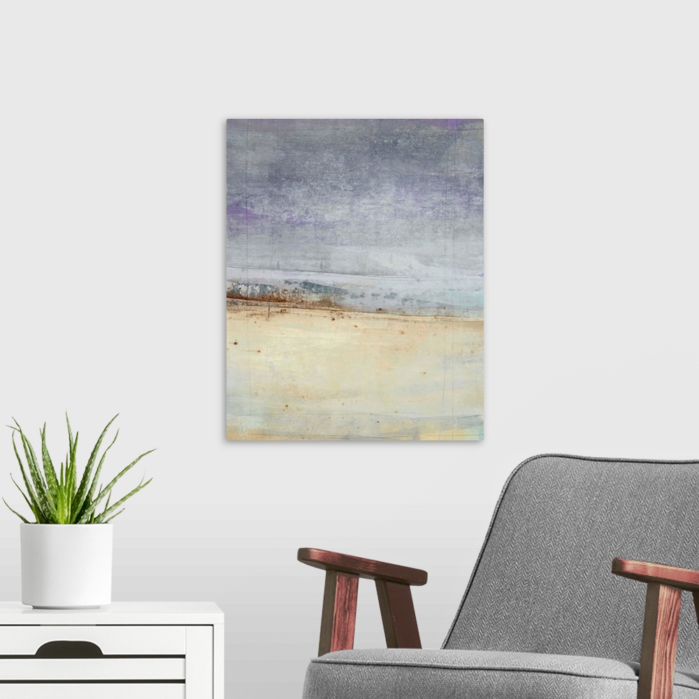 A modern room featuring Abstract painting with a horizon line towards the bottom in shades of brown on a background made ...