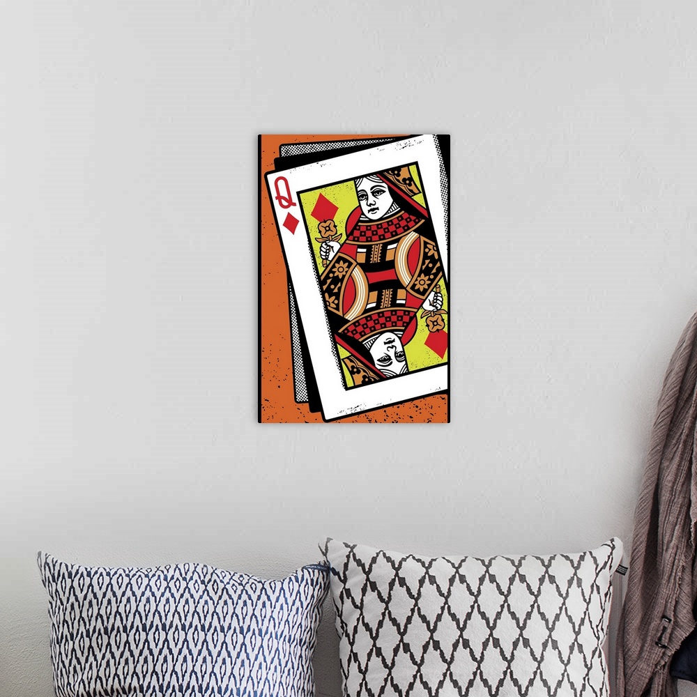 A bohemian room featuring Digital illustration of a Queen of diamonds on an orange background.