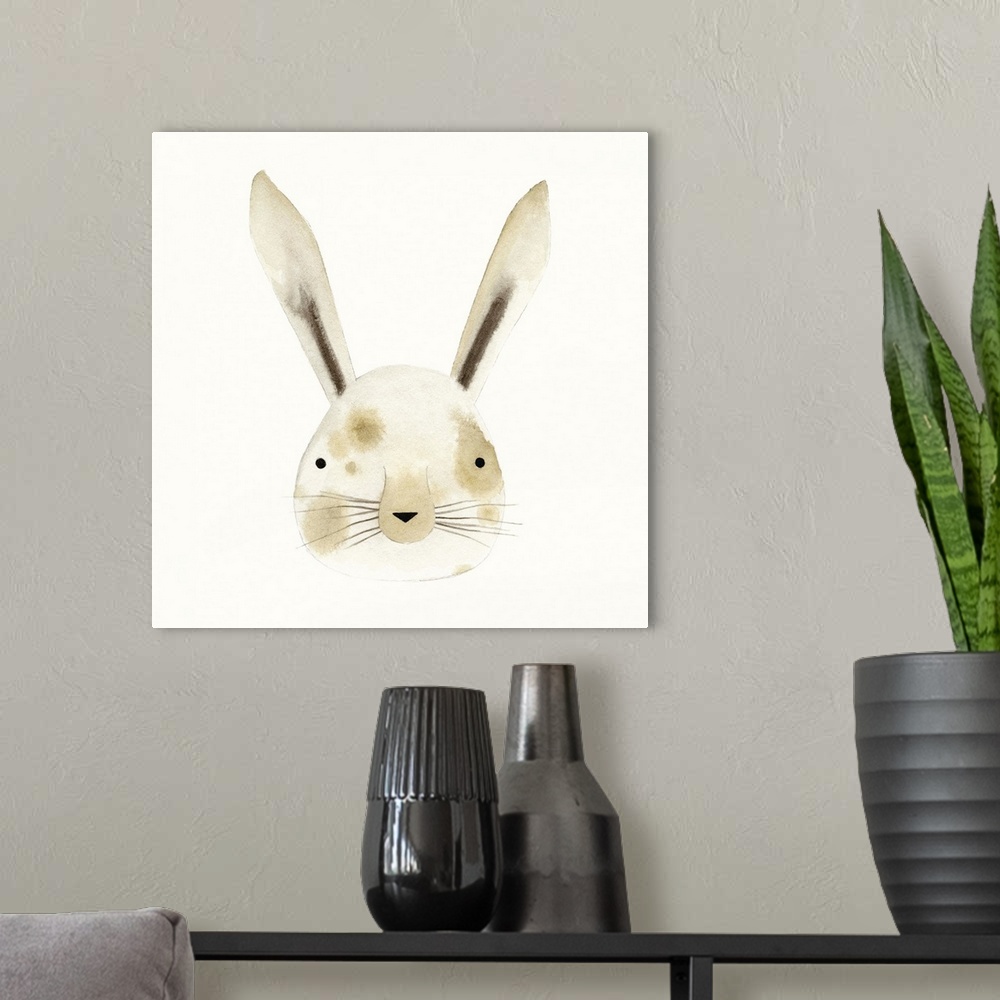 A modern room featuring Contemporary watercolor painting of a rabbit head against a white background.