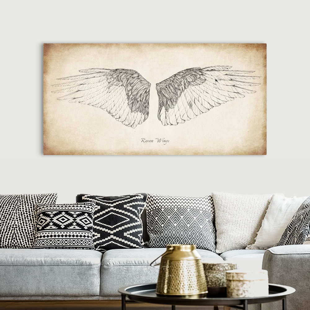 A bohemian room featuring Antique illustration of raven wings.