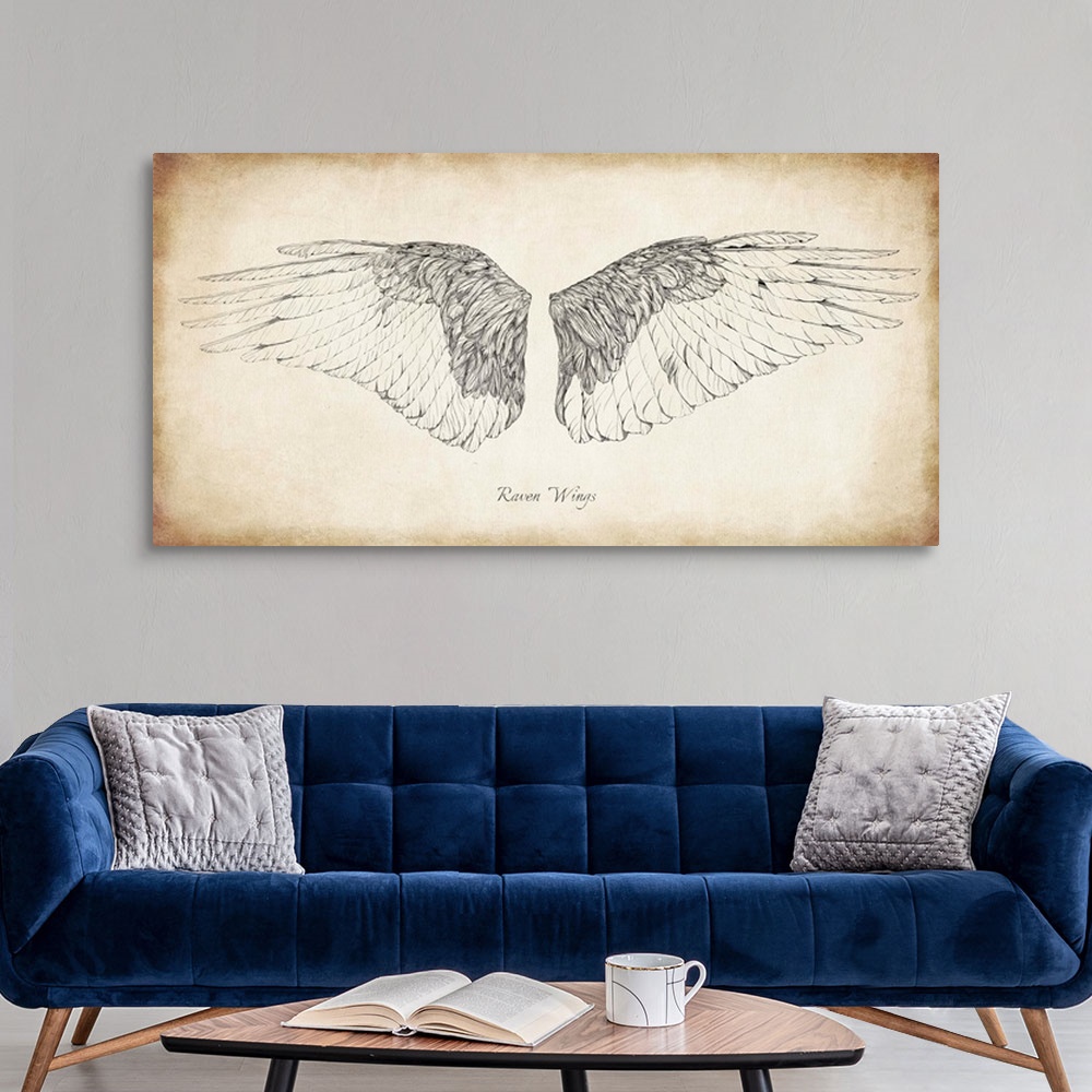 A modern room featuring Antique illustration of raven wings.