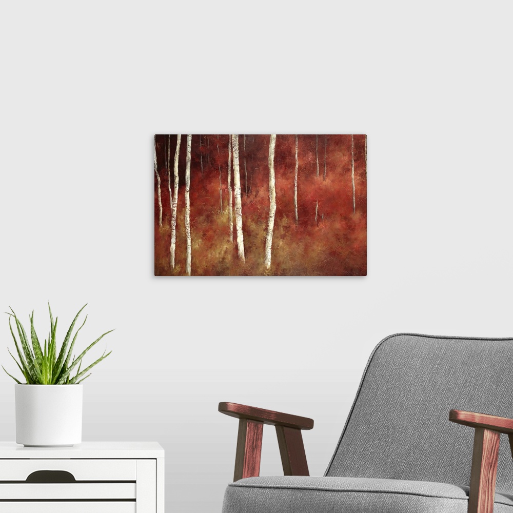 A modern room featuring Giant, contemporary painting of thin white tree trunks in a forest surrounded with red and golden...