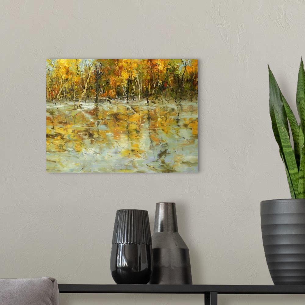 A modern room featuring Reflections of Autumn