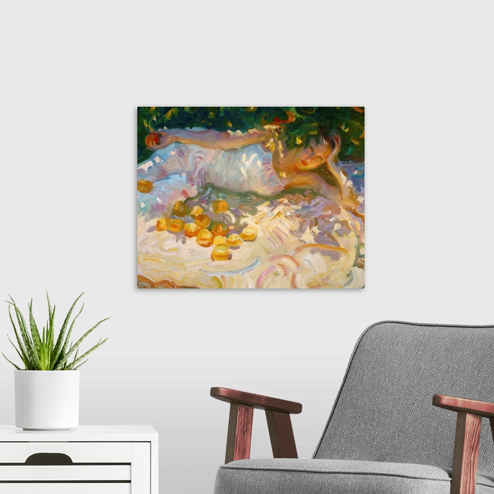 A modern room featuring A contemporary painting of a woman laying on a blanket under an orange tree.