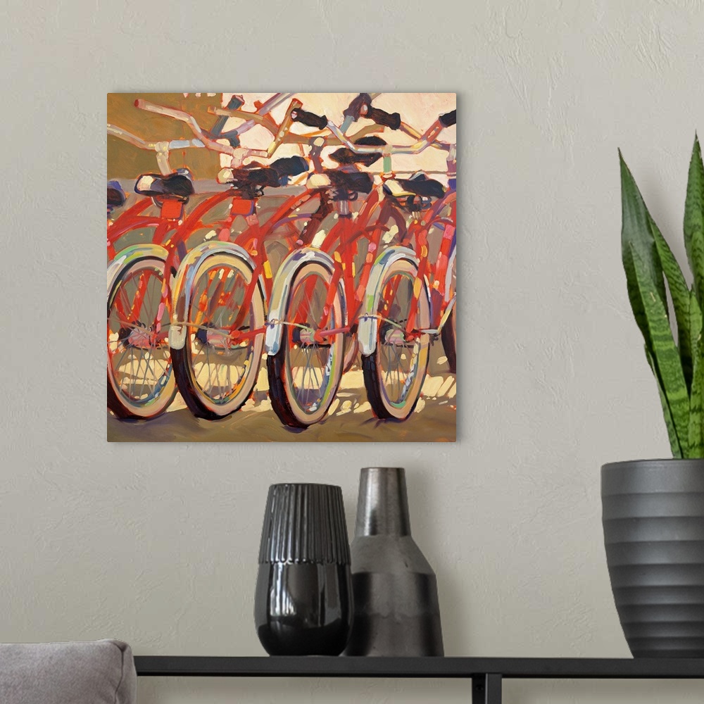 A modern room featuring Contemporary painting of five vintage bicycles parked in a row.