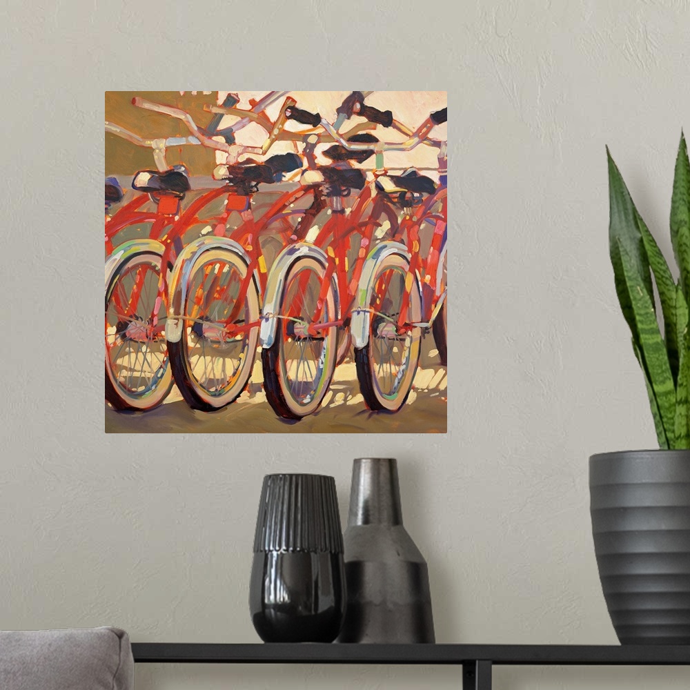 A modern room featuring Contemporary painting of five vintage bicycles parked in a row.