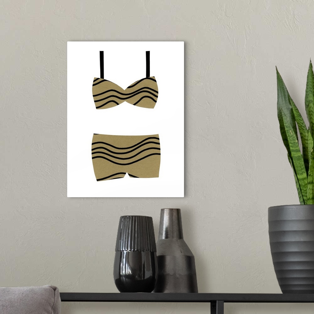 A modern room featuring Contemporary retro art of a paper cut-out style bathing suit against a white background.