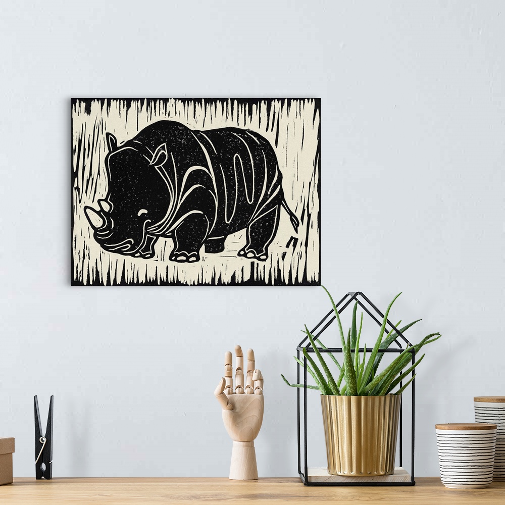 A bohemian room featuring Cute linocut print illustration of a rhinoceros.