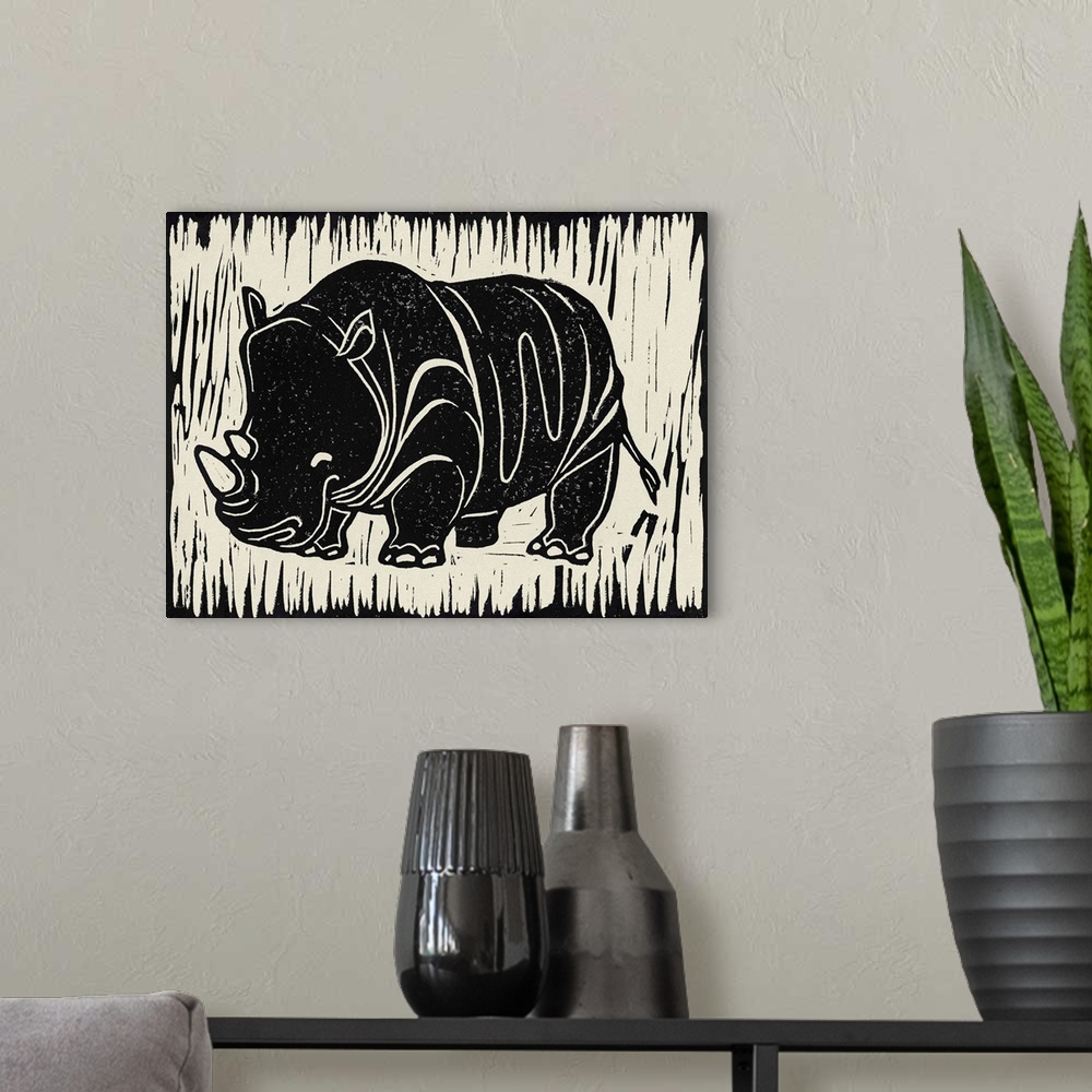 A modern room featuring Cute linocut print illustration of a rhinoceros.