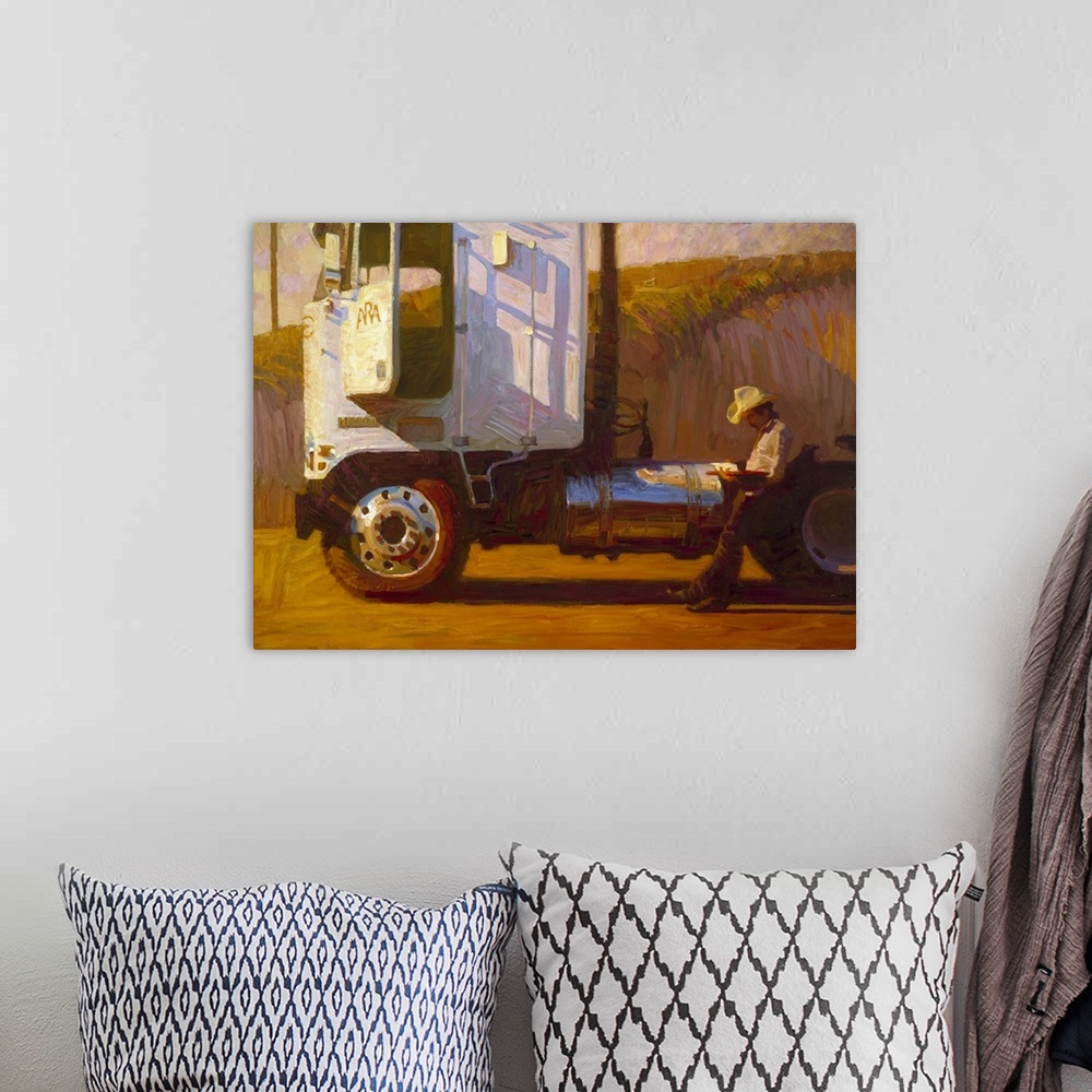 A bohemian room featuring A contemporary painting of a man wearing a cowboy hat and waiting by his truck.